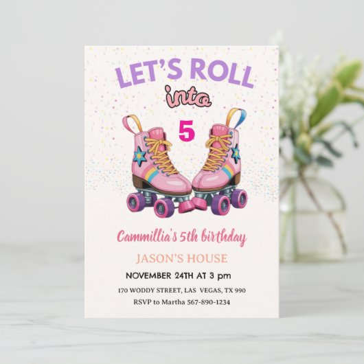 Let's Roll into 5 Retro Roller Skate Birthday  招待状 (スタンド正面)