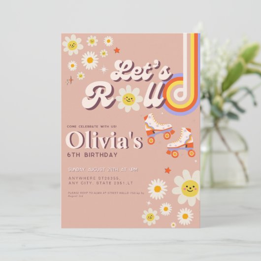 Let's Roll Retro Groovy Roller Skate Birthday 招待状 (スタンド正面)