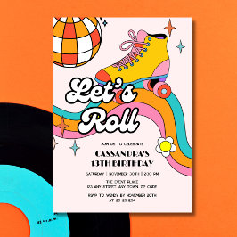 Let's Roll Retro Roller Skating Girl Birthday  招待状