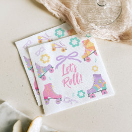 Lets Roll Roller Skate Retro Girl Birthday Pastel スタンダードカクテルナプキン