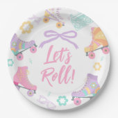 Lets Roll Roller Skate Retro Girl Birthday Pastel ペーパープレート (正面)