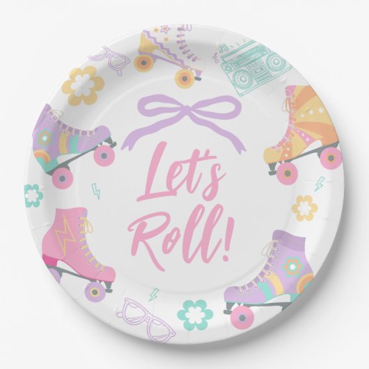 Lets Roll Roller Skate Retro Girl Birthday Pastel ペーパープレート (正面)