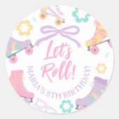 Lets Roll Roller Skate Retro Girl Birthday Pastel ラウンドシール (正面)