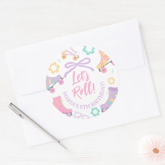 Lets Roll Roller Skate Retro Girl Birthday Pastel ラウンドシール (封筒)