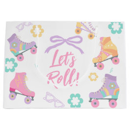 Lets Roll Roller Skate Retro Girl Birthday Pastel ラージペーパーバッグ