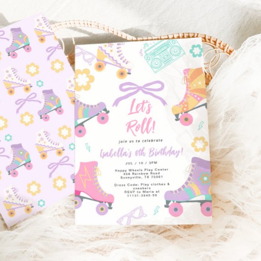 Lets Roll Roller Skate Skating Bow Girl Birthday 招待状