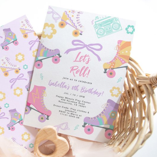 Lets Roll Roller Skate Skating Bow Girl Birthday 招待状