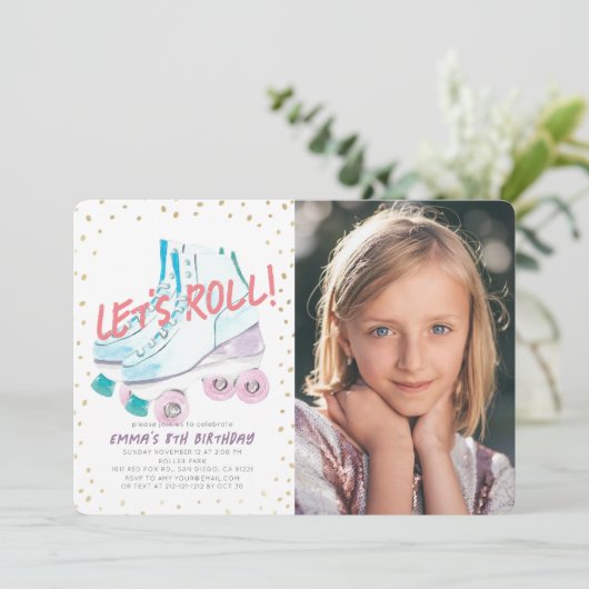 Let's Roller転がスケートで滑る女の子の誕生日写真 招待状 (スタンド正面)