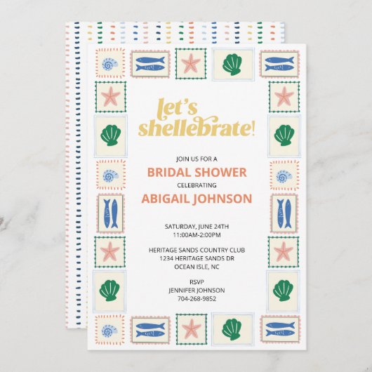 Let's Shellabrate Seashell Bridal Shower 招待状 (正面/裏面)