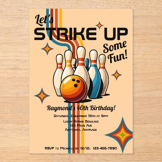 Let's Strike Up Some Fun Bowling Birthday Party アクリル招待状 (正面)