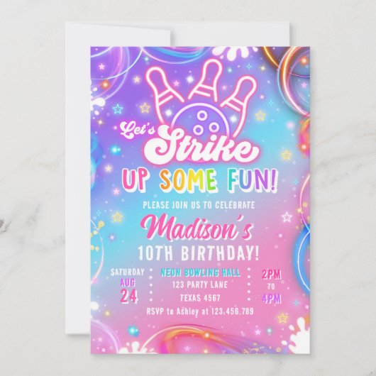 Let's Strike Up Some Fun Bowling Girl Birthday 招待状 (正面)