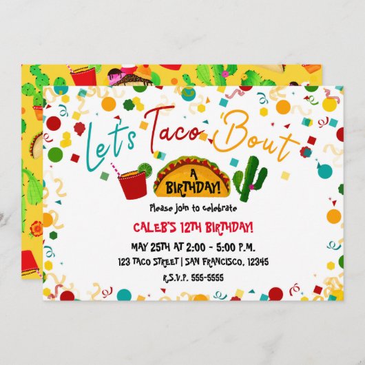 Let's Taco Bour A Birthday Party Fiesta 招待状 (正面/裏面)