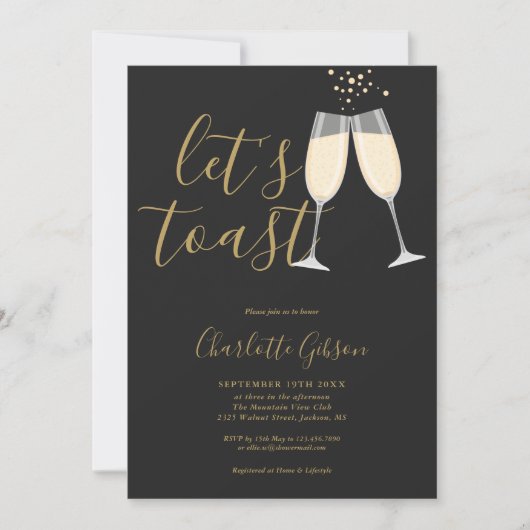 Let's Toast Bridal Shower Black And Gold QR Code 招待状 (正面)