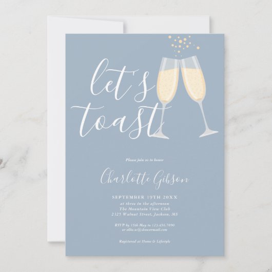 Let's Toast Bridal Shower Dusty Blue QR Code 招待状 (正面)