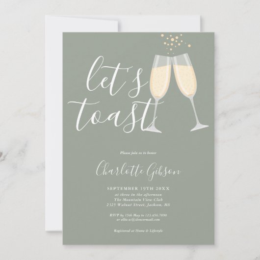 Let's Toast Bridal Shower Sage Green QR Code 招待状 (正面)