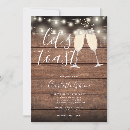 Let's Toast Rustic String Lights Bridal Shower 招待状 (正面)