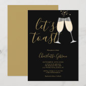 Let's Toast Script Bridal Shower Black And Gold 招待状 (正面/裏面)