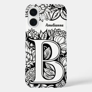 Letter パーソナライズされた B白黒タトゥーフラワー iPhone 16ケース