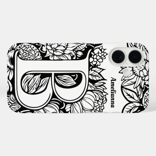 Letter パーソナライズされた B白黒タトゥーフラワー Case-Mate iPhoneケース (裏面 (横))