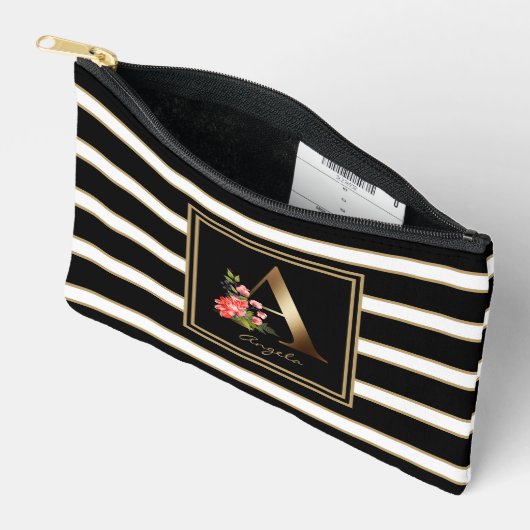 Letter Aフローラモノグラム白黒金ゴールド ストライプ アクセサリーポーチ (見開き)