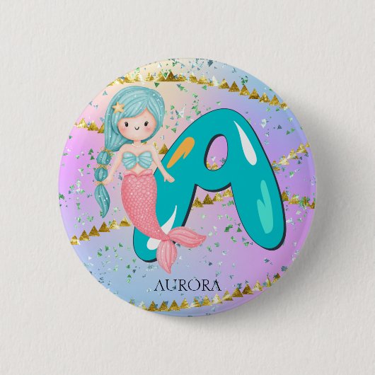 Letter Aモノグラム水彩可愛いマーメイド子供部屋 缶バッジ (正面)