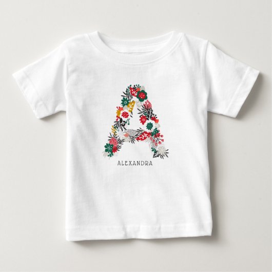 Letter A | 遊び心のある花のモノグラムI ベビーTシャツ (正面)