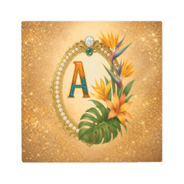 Letter A Tropical Monogram Gold Metal Wall Art メタルプリント