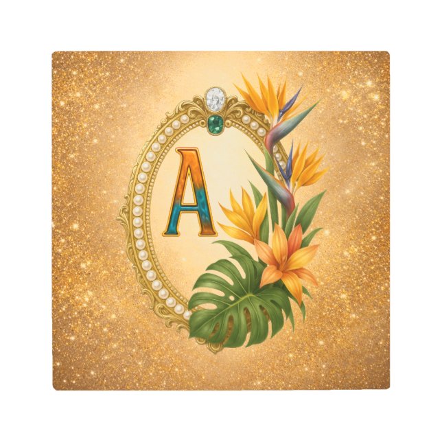 Letter A Tropical Monogram Gold Metal Wall Art メタルプリント (正面)