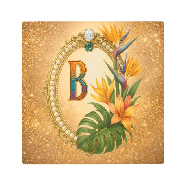 Letter B Tropical Monogram Gold Metal Wall Art メタルプリント (正面)