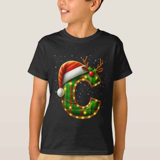 Letter C Christmas Plaid Santa Hat Monogram Initia Tシャツ (正面)