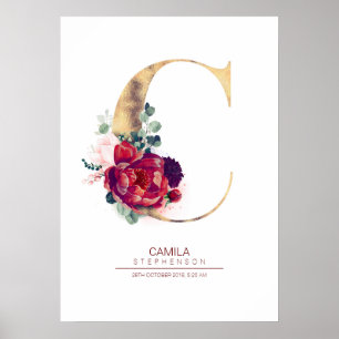 Letter C Monogram Floral Burgundy Red and Gold ポスター