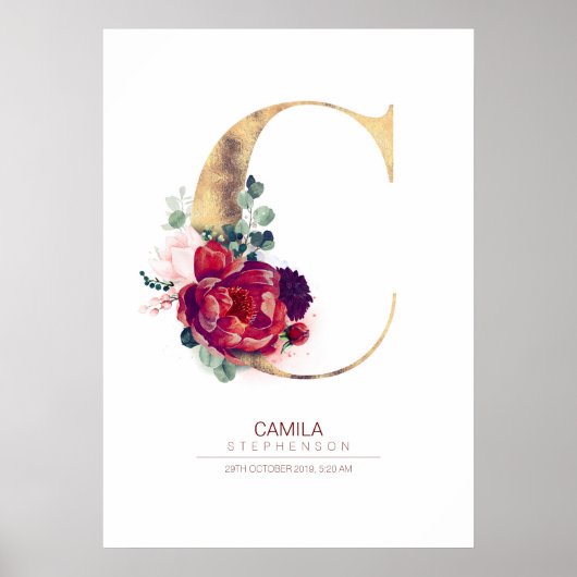 Letter C Monogram Floral Burgundy Red and Gold ポスター (正面)