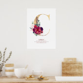 Letter C Monogram Floral Burgundy Red and Gold ポスター (キッチン)
