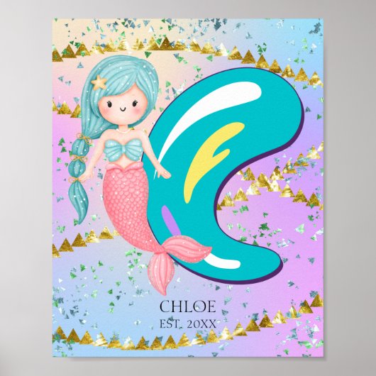 Letter C Monogram Watercolor Cute Mermaid Nursery ポスター (正面)