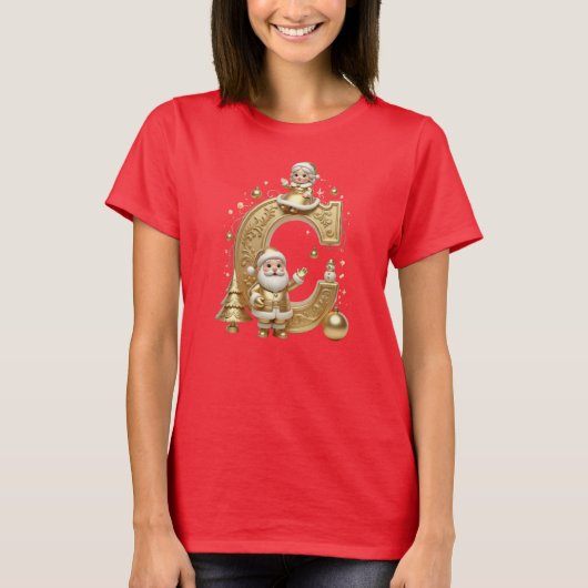 Letter C: Royal Gold Luxury Christmas T-Shirt Tシャツ (正面)