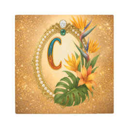 Letter C Tropical Monogram Gold Metal Wall Art メタルプリント