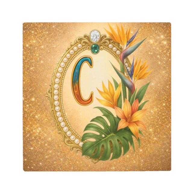 Letter C Tropical Monogram Gold Metal Wall Art メタルプリント (正面)