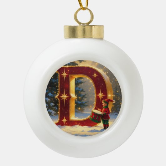 Letter D Christmas Drummer Personalized Initial セラミックボールオーナメント (正面)