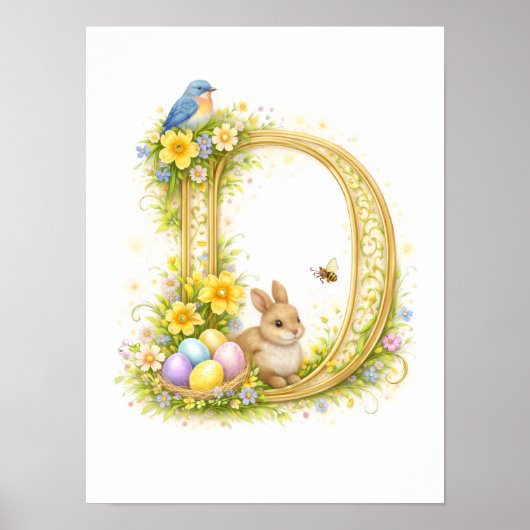 Letter D Gold Spring Nature Monogram Blue Bird ポスター (正面)