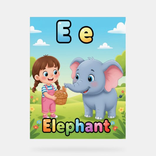 Letter E Alphabet Poster – E is for Elephant アクリルサイン (正面)