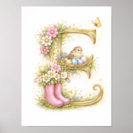 Letter E Gold Spring Nature Monogram Bird and Boot ポスター