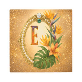 Letter E Tropical Monogram Gold Metal Wall Art メタルプリント