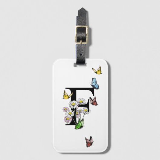 Letter Fフローラバタフライモノグラムイニシャル ラゲッジタグ (正面縦)