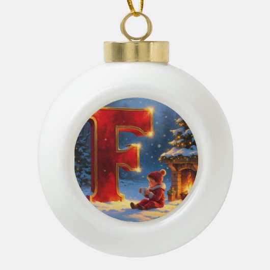 Letter F Christmas Fireplace Personalized Initial セラミックボールオーナメント (正面)