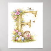 Letter F Gold Spring Nature Monogram Hedgehog Kids ポスター (正面)
