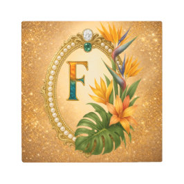 Letter F Tropical Monogram Gold Metal Wall Art メタルプリント