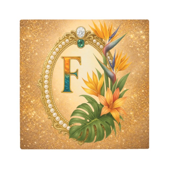 Letter F Tropical Monogram Gold Metal Wall Art メタルプリント (正面)