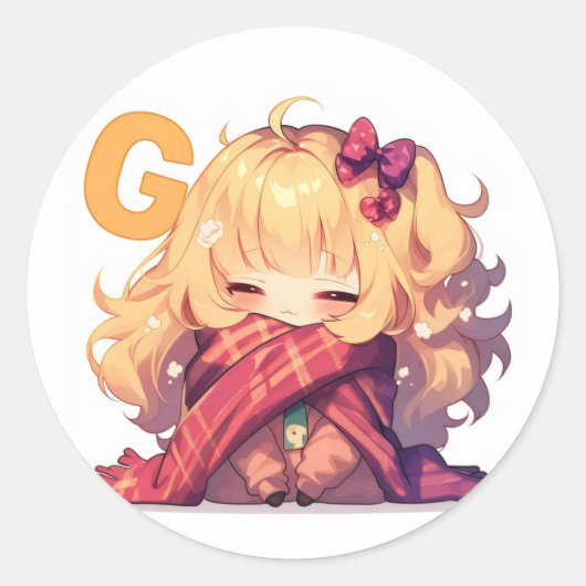 Letter Gかわいい女の子アニメ ラウンドシール (正面)