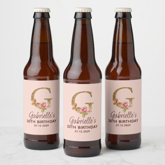 Letter G Gold Monogram Blush Pink Roses ビールラベル (ボトル)