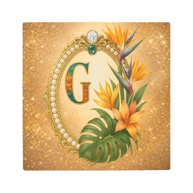 Letter G Tropical Monogram Gold Metal Wall Art メタルプリント (正面)